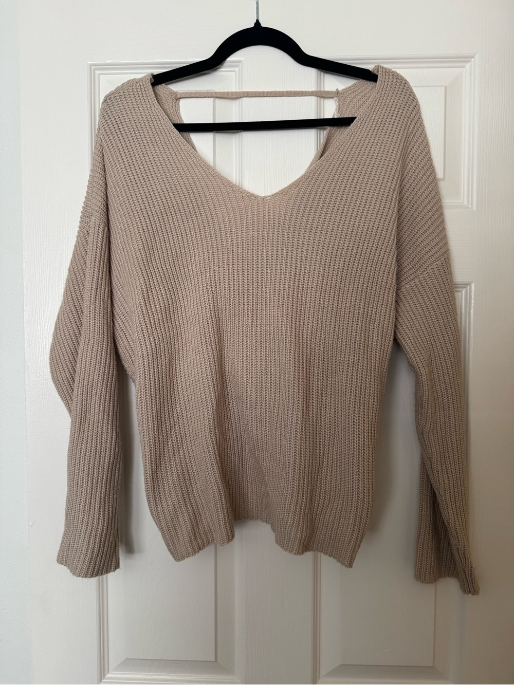 Beige V-Neck Knit Sweater - Classic Women’s Pullover